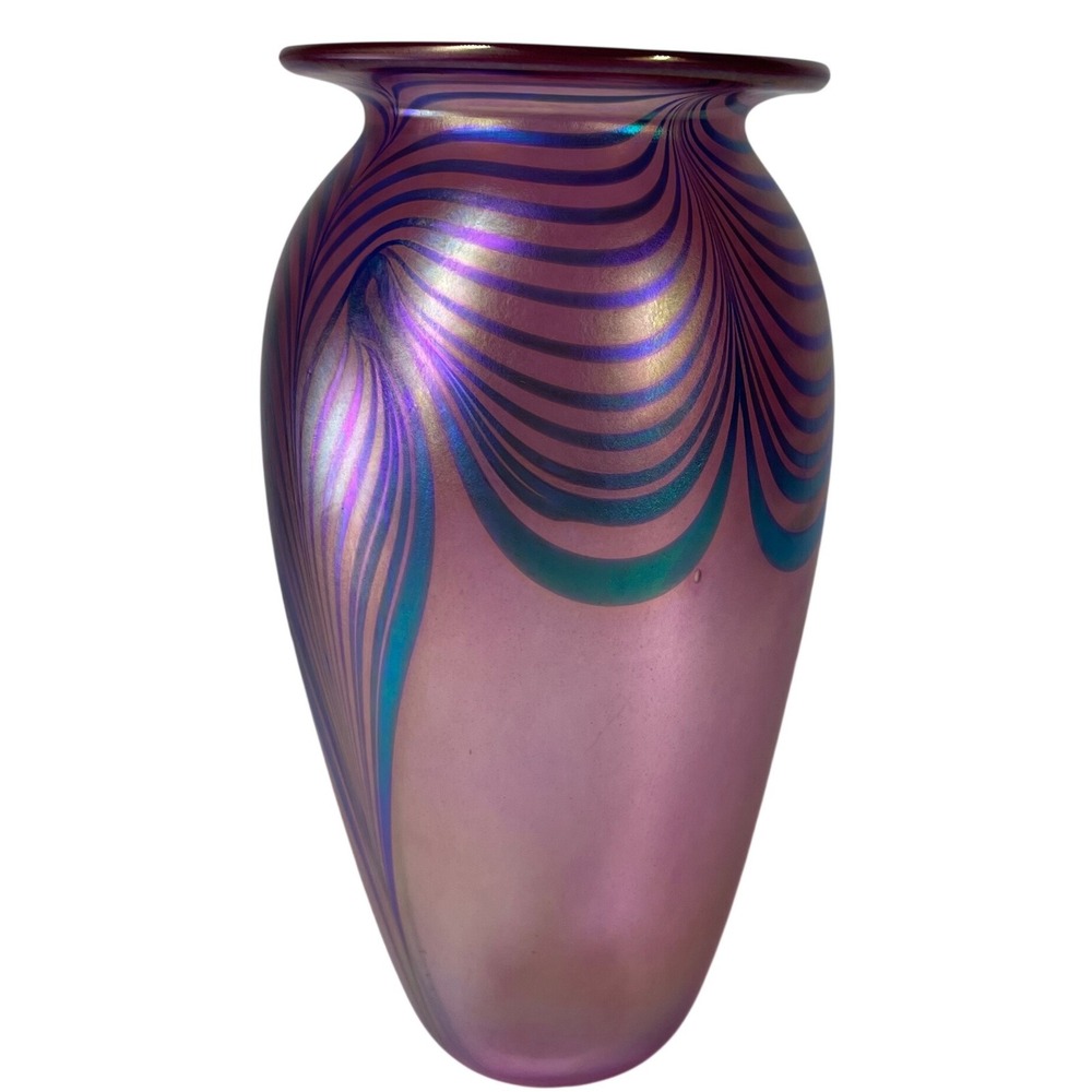 Robert Eickholt‎ Signed 1994 Iridescent MCM Pulled Feather Pink Art Glass Vase